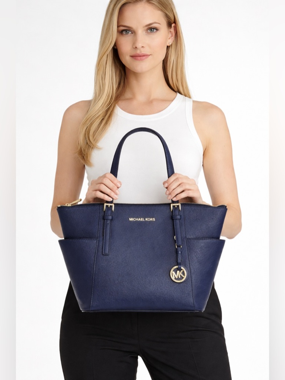 MICHAEL Michael Kors Jet Set Saffiano Leather Shoulder Zip-Top Tote Bag Navy